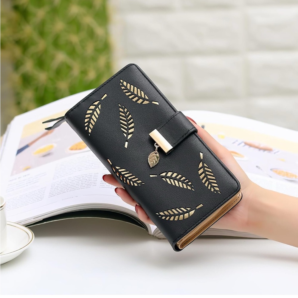 Elegant Black or Beige w/ Gold Leaf Cutout Women's Wallet